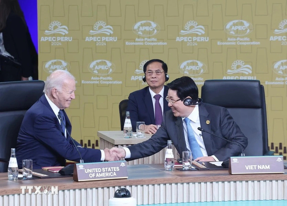 U.S. President Joe Biden (L) shakes hands with Vietnamese State President Luong Cuong at the APEC Leaders' Informal Dialogue with Guests in Lima, Peru on November 15, 2024. Photo: Vietnam News Agency