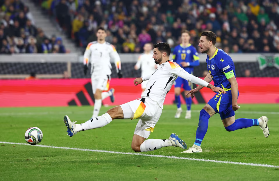 Soccer Football - Nations League - Group Stage - Germany v Bosnia and Herzegovina - Europa Park Stadion, Freiburg, Germany - November 16, 2024 Germany's Tim Kleindienst scores their seventh goal. Photo: Reuters