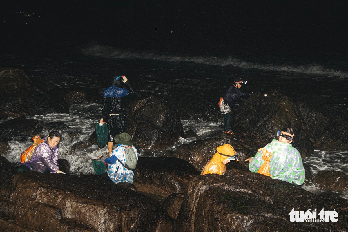 Residents have to soak themselves in the cold seawater for hours and face danger. Photo: Thanh Nguyen / Tuoi Tre
