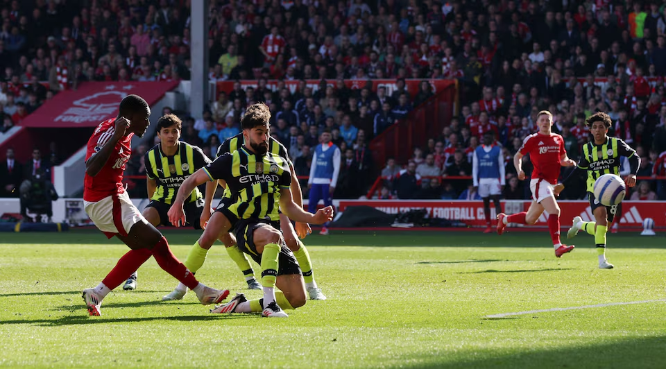 Soccer Football - Premier League - Nottingham Forest v Manchester City - The City Ground, Nottingham, Britain - March 8, 2025 Nottingham Forest's Callum Hudson-Odoi scores their first goal. Photo: Reuters