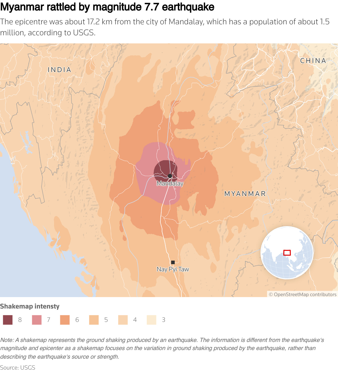 The graphic map shows shakemap intensity near the region of Mandalay.