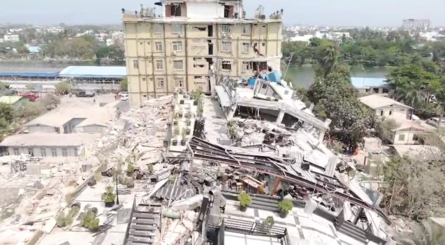 An aerial view shows flattened buildings and one damaged following an earthquake on March 28, in a location given as Mandalay region, Myanmar, in this screen grab obtained from a social media video released March 31, 2025. Photo: Reuters