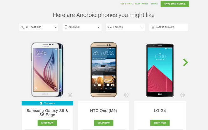 Các smartphone được Google gợi ý theo nhu cầu sử dụng được người dùng chọn lựa - Ảnh chụp giao diện website