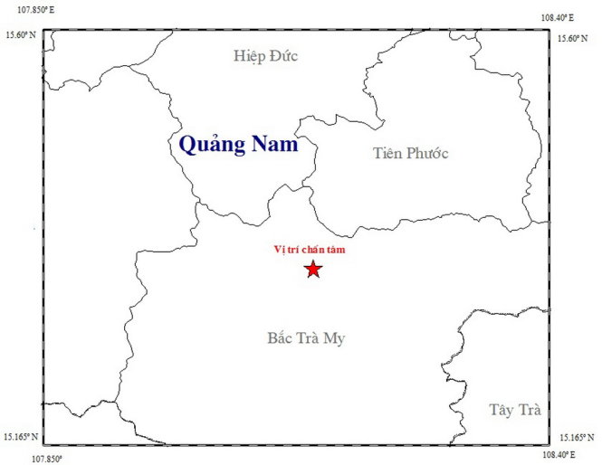 Sơ đồ vị trí chấn tâm trận động đất ngày 27-7 tại Bắc Trà My (Ảnh Trung tâm báo tin động đất và cảnh báo sóng thần)
