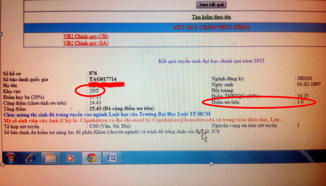 Thông tin dữ liệu điểm thi và điểm ưu tiên KV của thí sinh N.H.T hiện vẫn còn trên website Trường ĐH Luật TP.HCM. Ảnh: Trần Huỳnh.