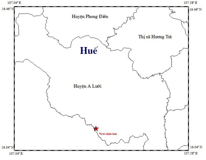 Vị trị xảy ra động đất ở A Lưới tối 22-12 - Ảnh của Trung tâm báo tin động đất và cảnh báo sóng thần