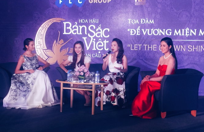 Từ trái qua: Á hậu 3 Hoa hậu Quốc tế 2015 Thuý Vân, Hoa khôi thể thao 1995 Thu Hương, Á hậu Phụ nữ Việt Nam qua ảnh 2012 Hoàng Oanh và Hoa hậu Việt Nam 2010 Ngọc Hân trong buổi giới thiệu Hoa hậu bản sắc Việt toàn cầu 2016 sáng 31-3 - Ảnh Minh Trang 