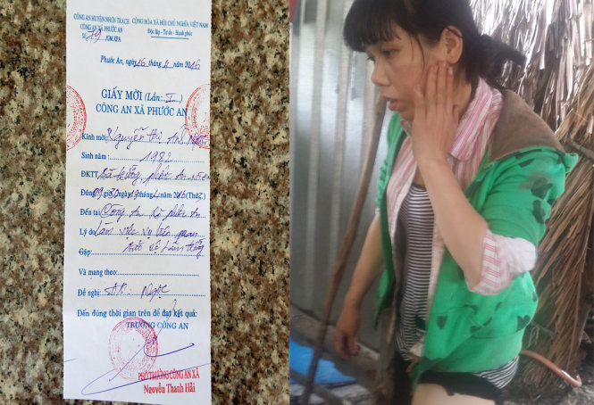 Thư mời của công an mời bà Ngọc để “làm việc vụ liên quan bảo vệ lâm trường” nhưng sau đó bắt giam bà để điều tra một vụ khác, và hình ảnh bà Ngọc bị nhân viên bảo vệ rừng đánh vào chiều 26-2 - Ảnh: H.M.