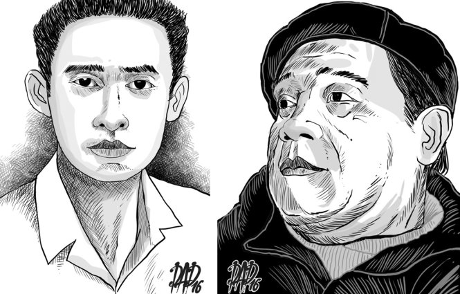 Nhà văn Ngọc Linh (trái) và nhà văn Lê Vĩnh Hòa qua ký họa của DAD