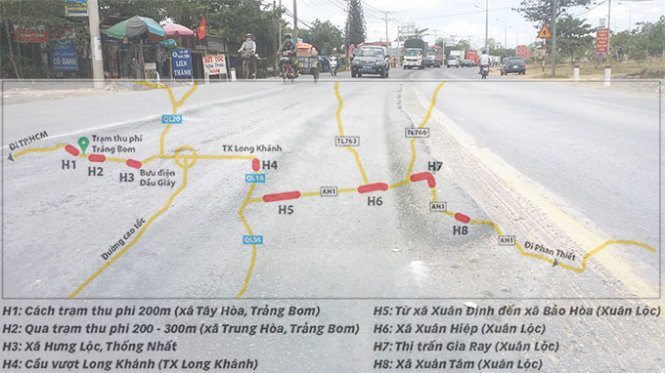 Những khu vực bị hư hỏng rải đều trên quốc lộ 1 đoạn qua Đồng Nai
