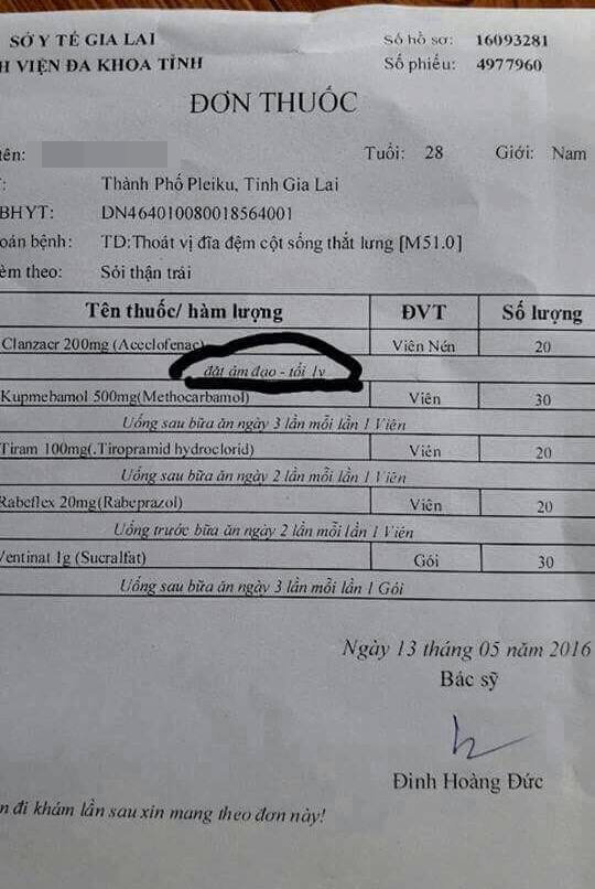 Đơn thuốc cấp cho bệnh nhân nam bị ghi nhầm lẫn phần hướng dẫn sử dụng - Ảnh: B.D.