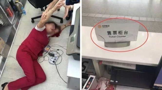 Nữ nhân viên hàng không nằm trên vũng máu sau khi bị nam hành khách đập vào đầu - Ảnh: shanghaiist.com