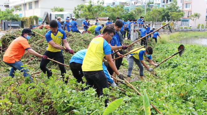 Chiến sĩ tình nguyện TP.HCM làm sạch môi trường trong Mùa hè xanh 2016 tại TP.HCM - Ảnh: QUỐC LINH