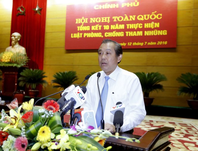 Tại hội nghị toàn quốc tổng kết 10 năm thực hiện Luật phòng chống tham nhũng, Phó thủ tướng Trương Hòa Bình nhận định thực tế tình hình tham nhũng diễn biến phức tạp, công tác phòng chống tham nhũng chưa đạt được mục tiêu đề ra  - Ảnh: An Đăng