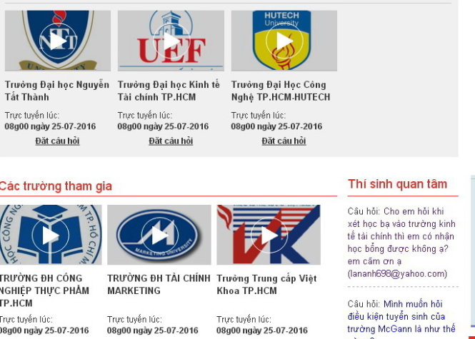 Giao diện trang tuvantructruyen.tuoitre.vn. Thí sinh quan tâm đến trường này chỉ việc click vào trường đó để đặt câu hỏi.