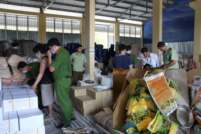 Kiểm tra cơ sở sản xuất phân bón giả và nhãn hiện phân bón giả (ảnh nhỏ) - Ảnh: P.TẠI