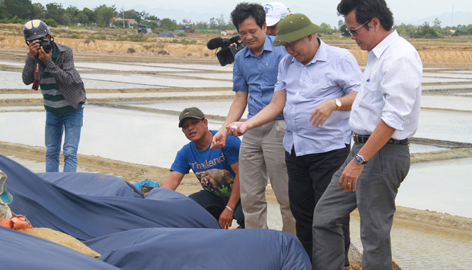 Ông Đào Công Thiên cùng người dân kiểm tra muối tồn 1 gò muối tạị thôn Xuân Mỹ, xã Ninh Thọ, thị xã Ninh Hòa -  Ảnh: THANH TRÚC