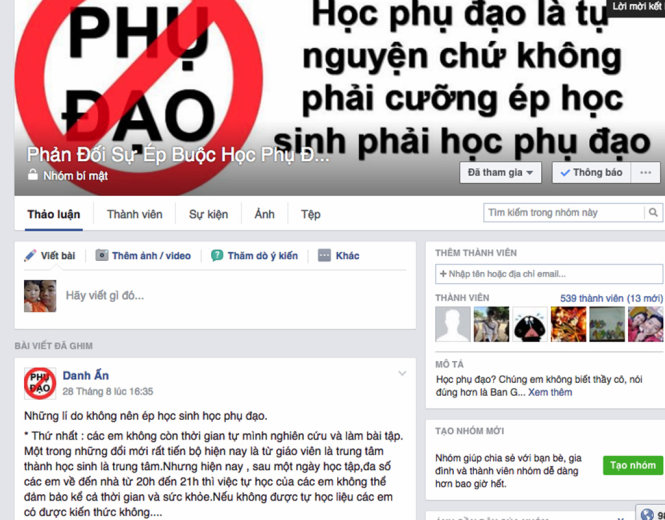 Nhóm kín được lập ra để phản đối việc “ép học phụ đạo” tại Trường Cao Bá Quát - Ảnh: B.D