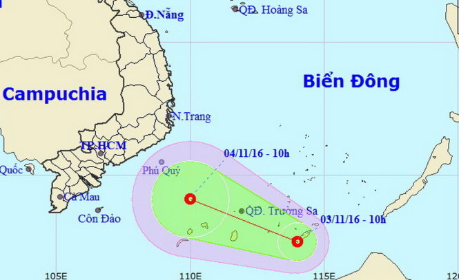 Vị trí và hướng di chuyển của áp thấp nhiệt đới lúc 10g30 ngày 3-11 - Ảnh: Trung tâm khí tượng thủy văn trung ương