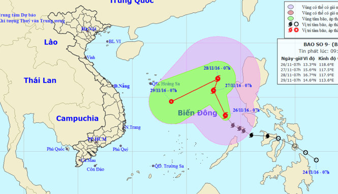 Sơ đồ đường đi của Bão số 9 - Ảnh: Trung tâm khí tượng thủy văn trung ương