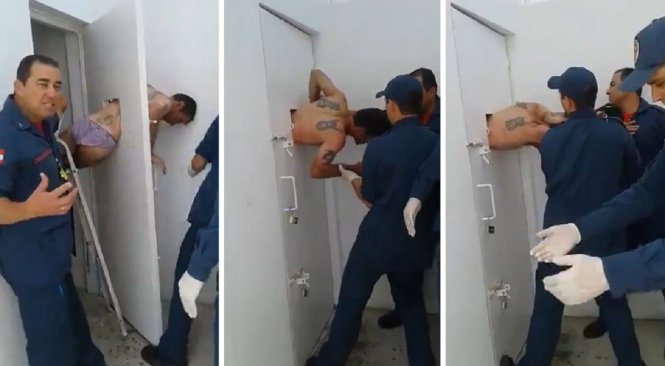 Tên trộm bị kẹt trên cánh cửa sau màn vượt ngục bất thành - Ảnh cắt từ clip