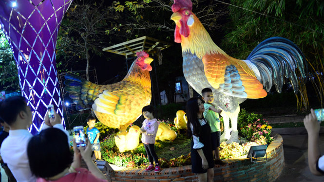 Cặp gà trống mái tại chợ hoa xuân Bình Điền 2017 tối 23-01 - Ảnh: QUANG ĐỊNH