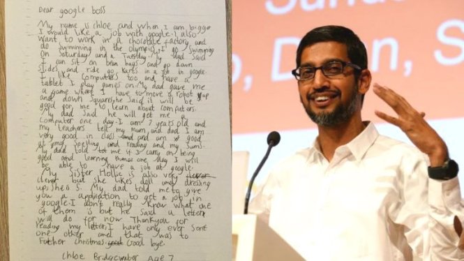 Bé Chloe Bridgewater đã viết thư hỏi xin một công việc tại Google và CEO Pichai đã hồi âm lá thư đó - Ảnh: Andy Bridgewater/AFP