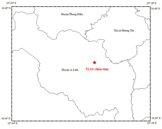 Bản đồ chấn tâm trận động đất mới nhất tại A Lưới, Thừa Thiên - Huế, ngày 5-2-2017 - Nguồn: Viện Vật lý địa cầu