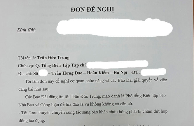 Đơn đề nghị của ông Trung gửi các báo đầu tháng 4 vừa qua