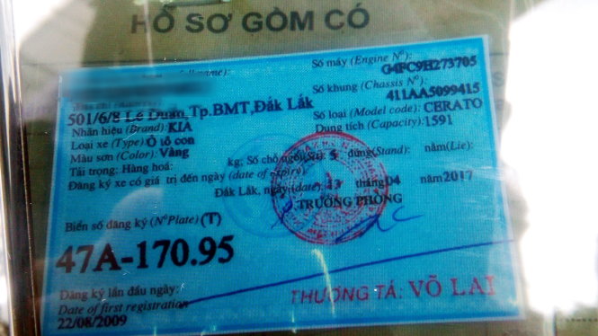 Giấy chứng nhận đăng ký xe mới của bà N. được PC67 Đắk Lắk cấp đổi, bàn giao từ bộ hồ sơ không hợp lệ - Ảnh: B.D
