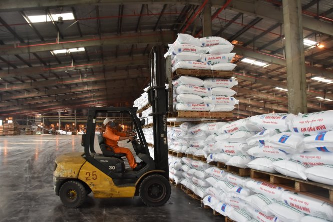 Nhiều doanh nghiệp cho rằng cần cân nhắc lại việc điều tra áp dụng biện pháp tự vệ bởi giá phân bón trong nước chưa giảm tương xứng so với giá thế giới. Trong ảnh: Tại một doanh nghiệp sản xuất 
phân bón VN - Ảnh: V. THI
