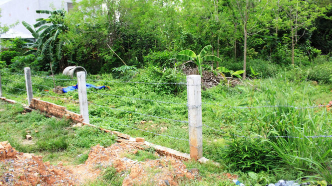 Hiện trường án mạng tại mảnh vườn của nhà dân được rào dây kẽm gai xung quanh - Ảnh: SƠN BÌNH