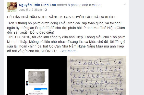 Đoạn status của Linh Lan tố nhà sản xuất Mai Thế Hiệp vi phạm tác quyền ca khúc Có căn nhà nằm nghe nắng mưa