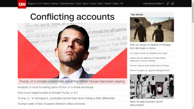 Hình ảnh Donald Trump Jr, con trai cả của Tổng thống Mỹ Donald Trump, mấy hôm nay luôn nằm trong vơ-đét 1 của nhiều báo đài vốn không ưa nhà Trump như CNN - Ảnh chụp màn hình