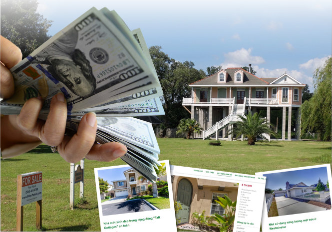 Một ngôi nhà đang rao bán tại bang Louisiana, Mỹ (ảnh lớn) 
và nhiều trang mạng tiếng Việt rao bán nhà ở Mỹ - Ảnh: Reuters, tư liệu