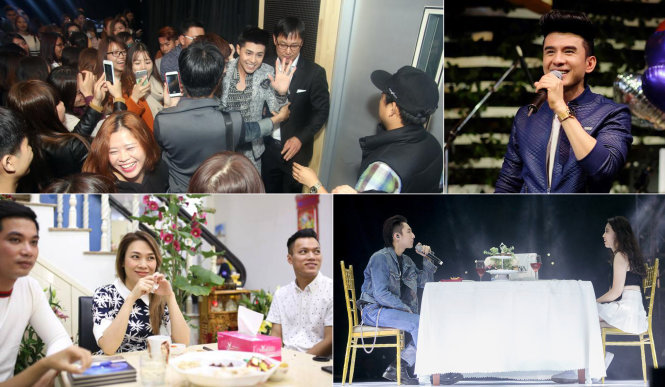 Ca sĩ Đan Trường trong lần họp fan gần nhất tại Hà Nội vào tháng 5, Mỹ Tâm họp fan đầu năm ngay tại nhà ở Đà Nẵng, Noo Phước Thịnh với buổi họp fan tại Seoul vào tháng 10-2016 và Sơn Tùng M-TP trong cuộc họp fan tại Hà Nội vào ngày 8-7 - Ảnh: Fanpage nghệ sĩ