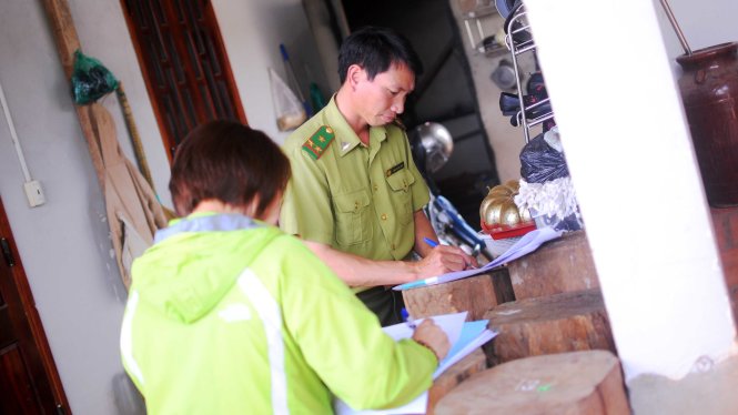 Cán bộ kiểm lâm lập biên bản tạm giữ tang vật để đưa đi giám định chủng loại gỗ tại nhà ông Nhẫn - Ảnh: LÂM THIÊN