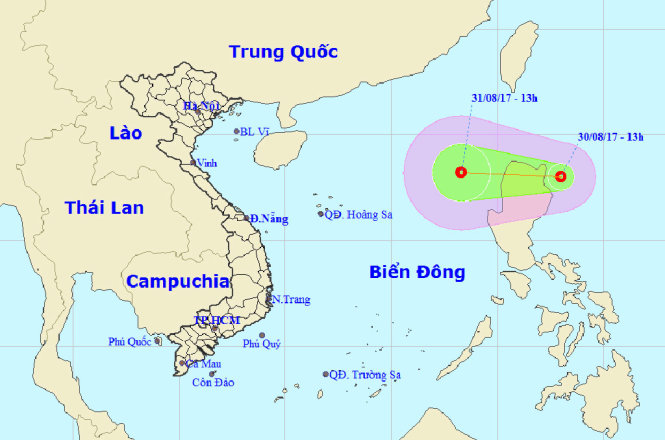 Vị trí và đường đi của áp thấp nhiệt đới - Nguồn: Trung tâm Khí tượng thủy văn Trung ương