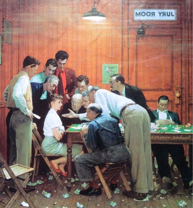 Jury Room của Norman Rockwell và bức ảnh các lãnh đạo G7 trên tài khoản Instagram của Thủ tướng Đức. (Ảnh: pinterest, time.com)