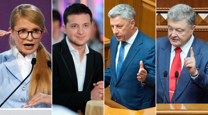 Các ứng viên chủ chốt trong cuộc bầu cử tổng thống Ukraine (từ trái sang): bà Tymoshenko, các ông Zelensky, Yuriy Boyko và Poroshenko. Ảnh: International News