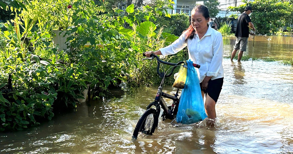 Triều cường sông Đồng Nai dâng cao, người dân vùng trũng lại bì bõm lội nước