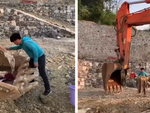 Chàng trai giặt giũ và phơi đồ trên máy xúc