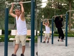 Chàng trai đóng giả cụ bà hít xà đơn khiến cả công viên hết hồn