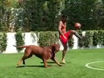 Messi tâng bóng vờn chó cưng mệt bở hơi tai