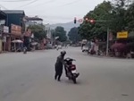 Người đàn ông dừng xe máy giữa ngã tư, vội lùi vì đèn đỏ