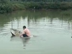 Chàng trai trổ tài chèo thuyền bị chìm giữa ao