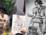 Bé trai vẽ mẹ ngồi nhặt rau, thân hình cơ bắp như lực sĩ