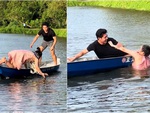 Cô gái chèo thuyền bị chàng trai chơi khăm ngã nhào xuống hồ