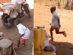 Bé trai khóc thét khi bị gà trống rượt