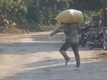 Người đàn ông vác bao lúa nhảy chân sáo vì mặt đường nóng
